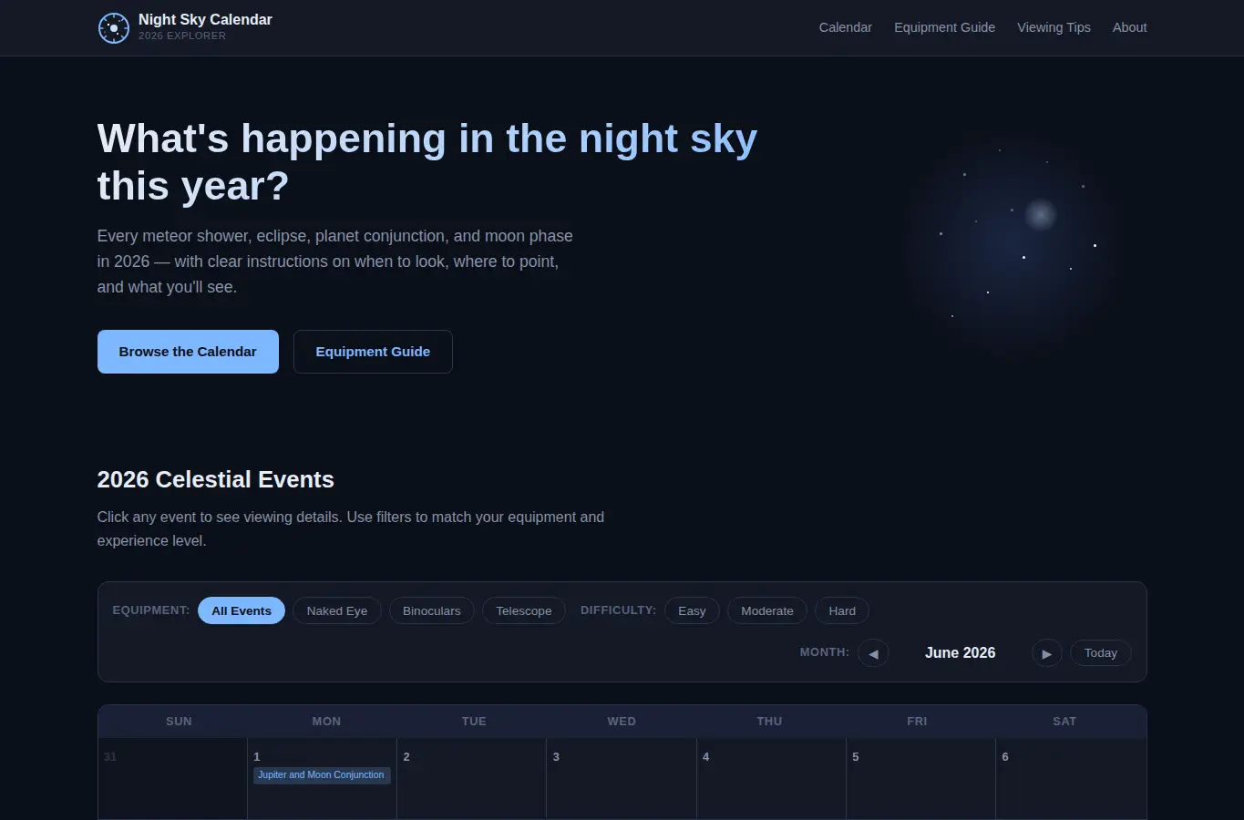Screenshot of Night Sky Calendar Explorer interface showing the project page in use